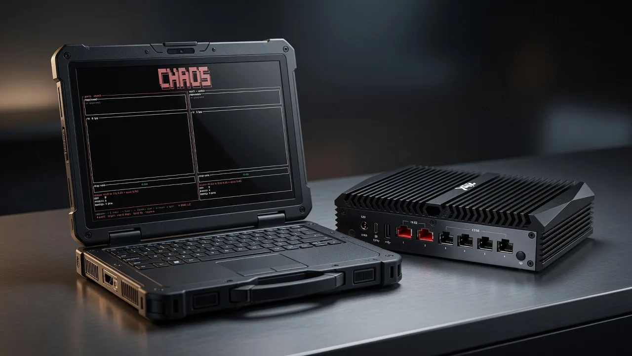 Rugged field laptop running CHAOS beside the ETHRX-ONE appliance