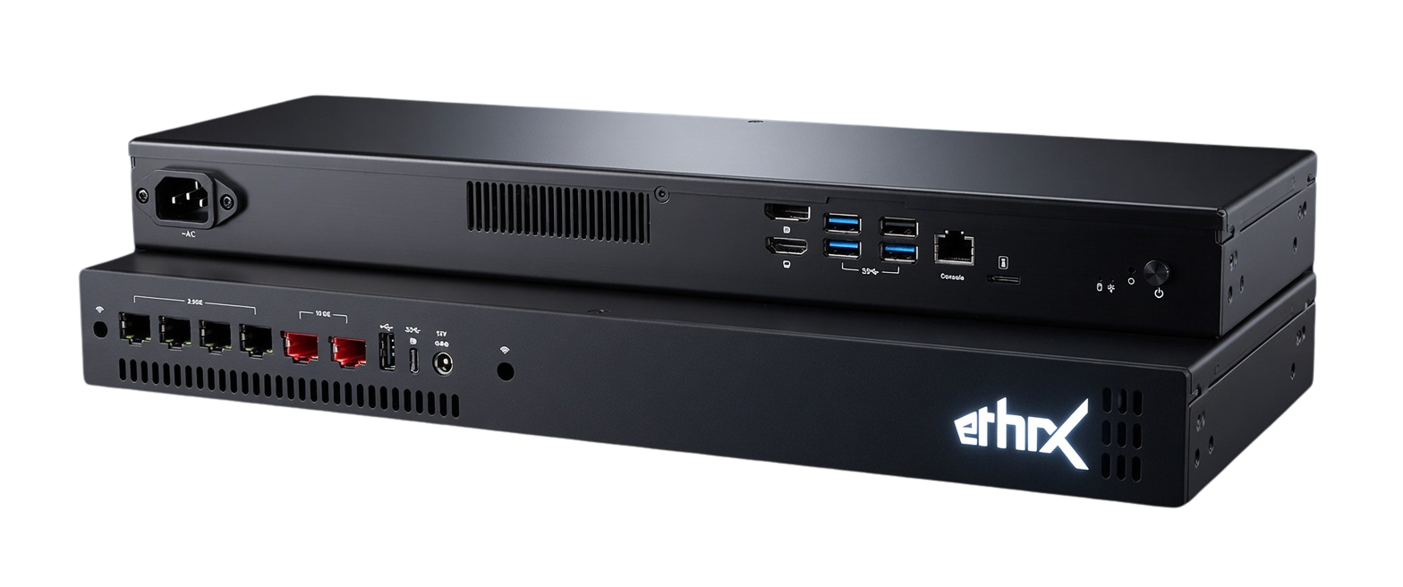 ETHRX-ONE front and rear I/O — 2.5GbE and 10GbE ports, console, TPM
