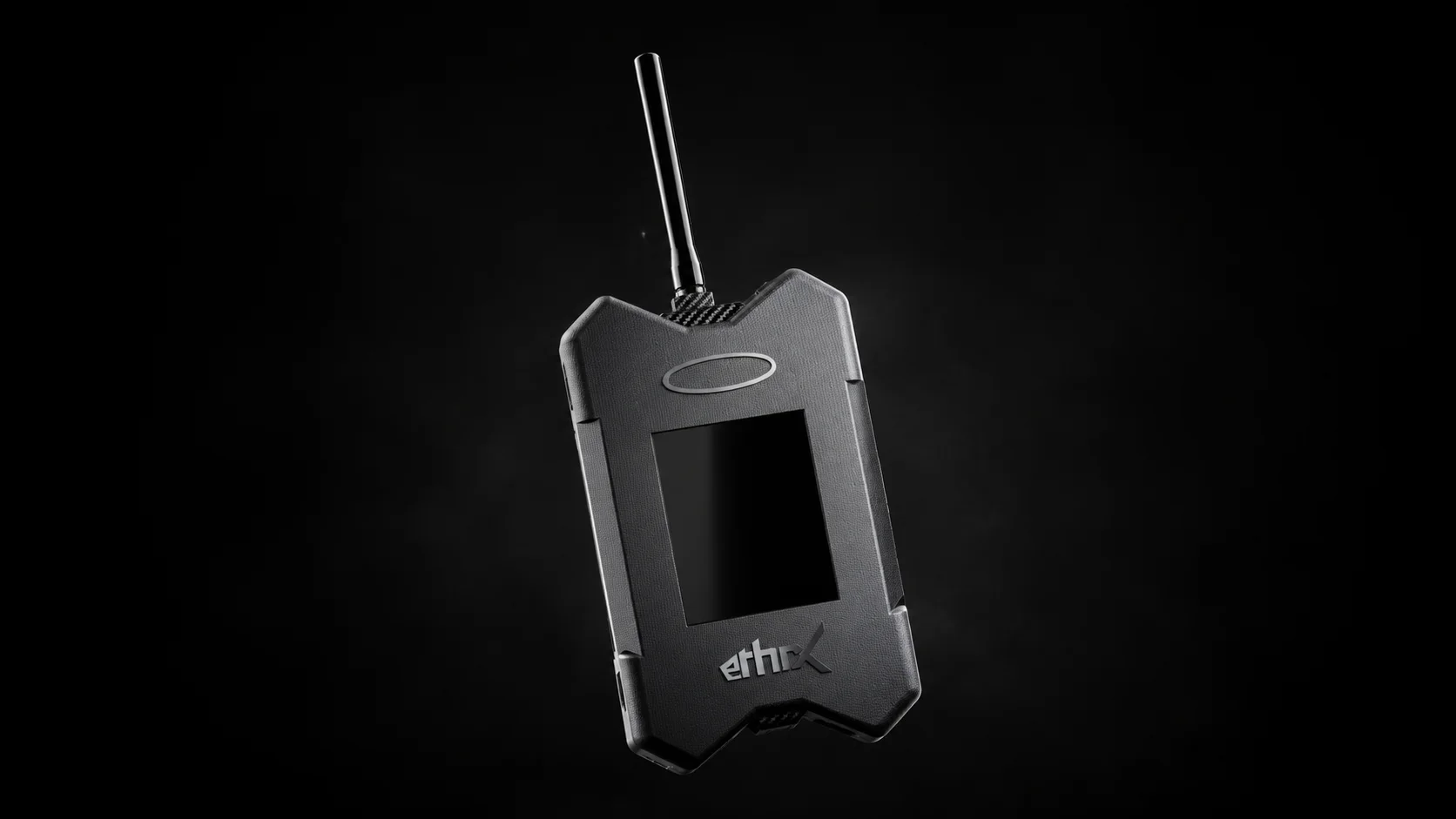 HALO handheld mesh node — ruggedized unit with antenna, studio lit on black